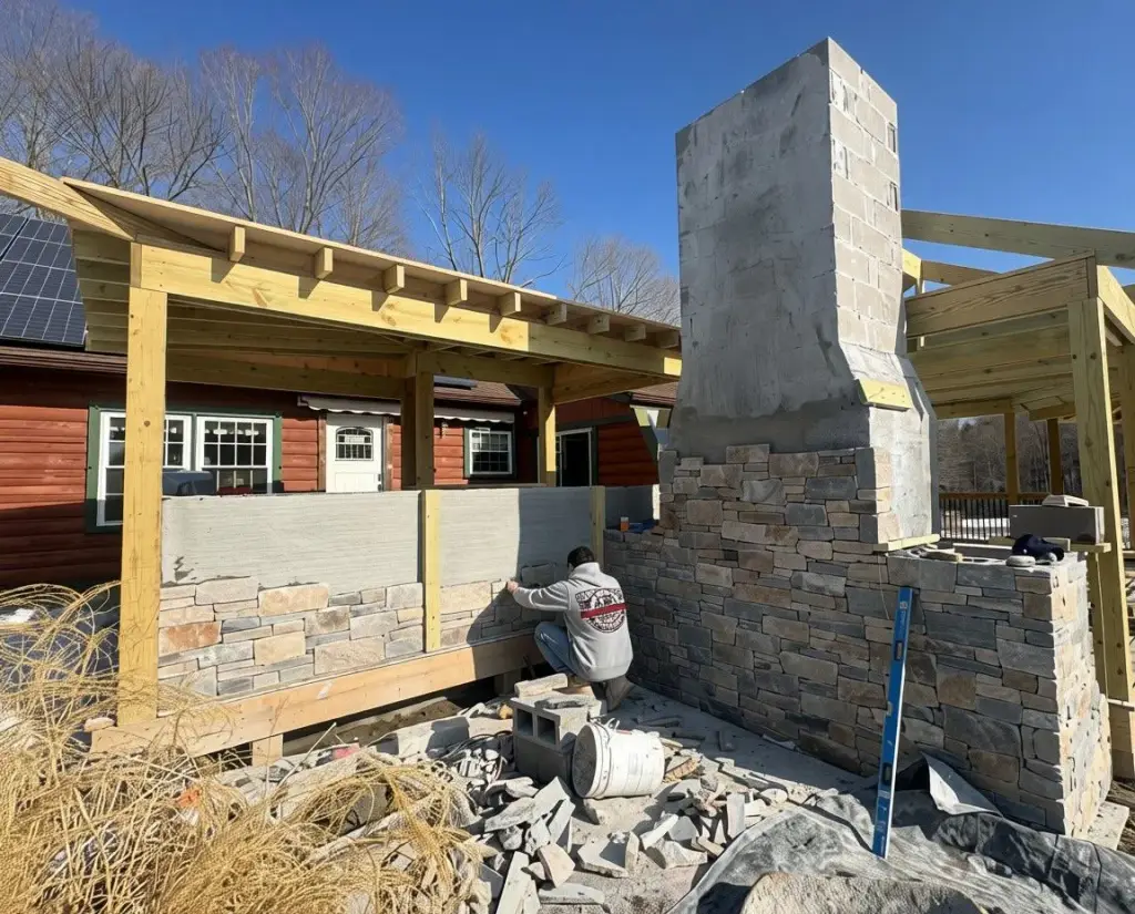 Middlebury Contracting worker installing stone veneer on outdoor fireplace and patio